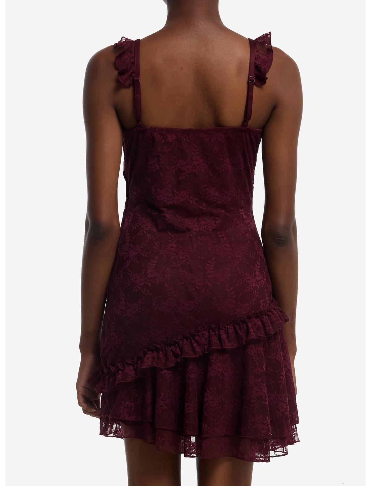 Burgundy Lace Ruffle Mini Dress - US 1754