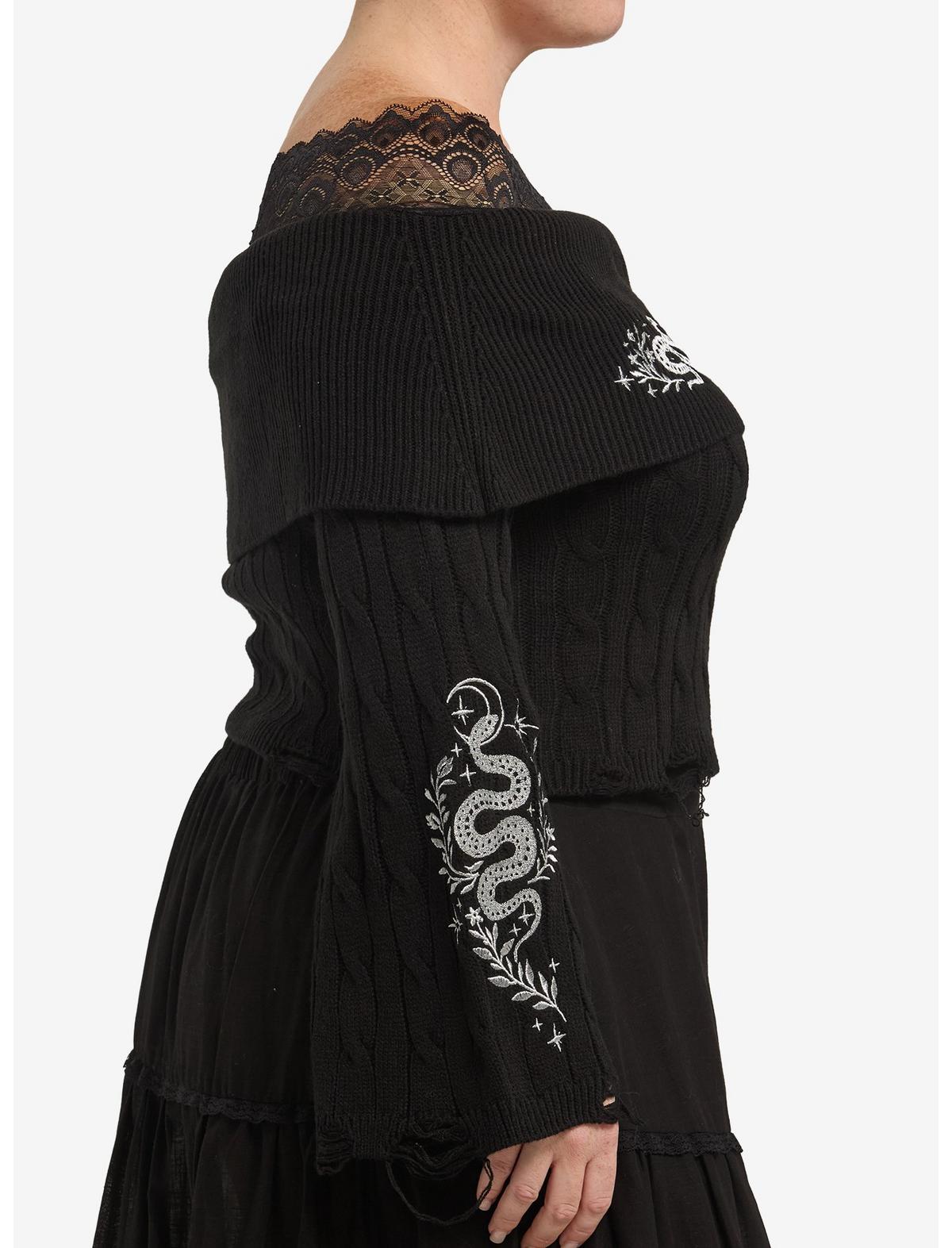 Cosmic Aura Silver Snake Embroidered Lace Girls Off-Shoulder Sweater Plus Size - US 2780