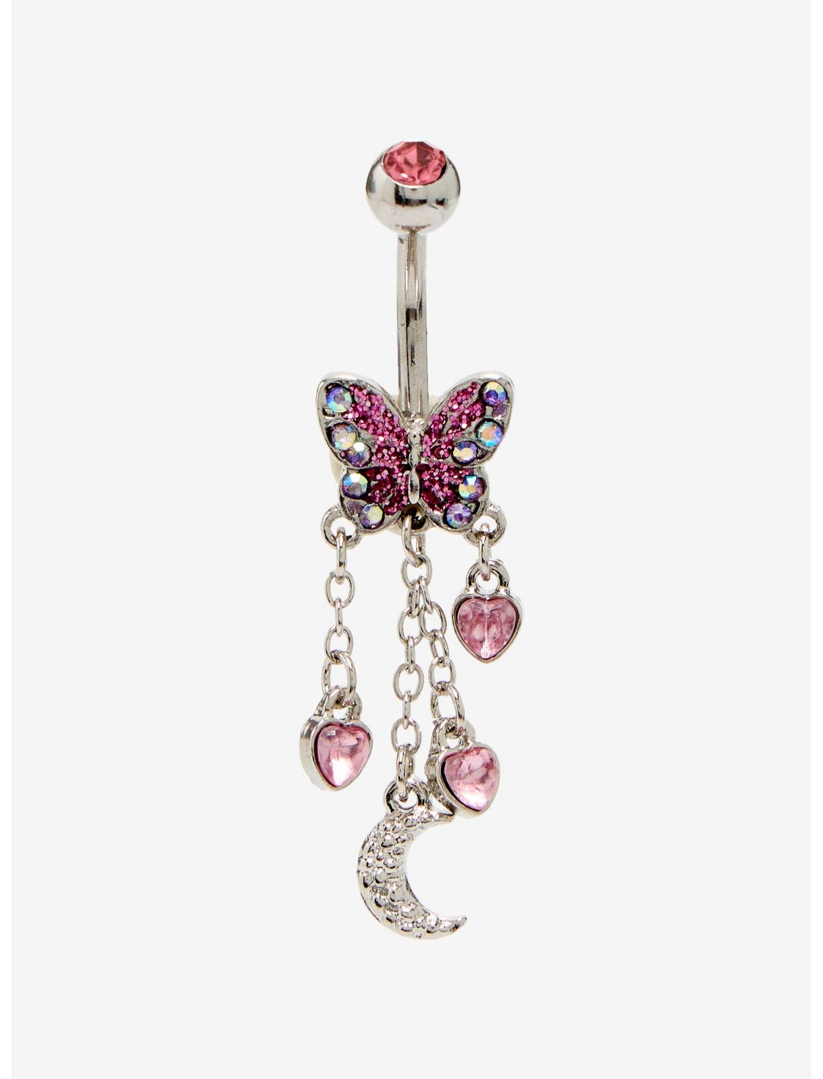 14G Steel Pink Bling Butterfly Navel Barbell - US 2560