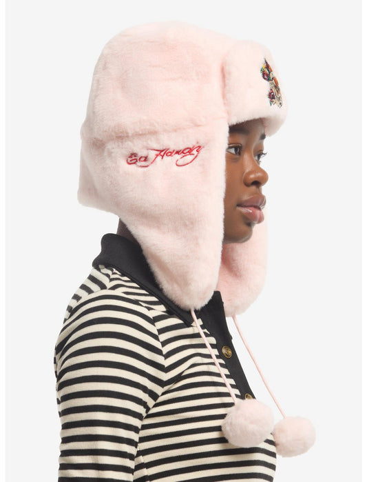Ed Hardy Love Kills Pink Furry Plush Trapper Hat With Pom Tassels - US 1374