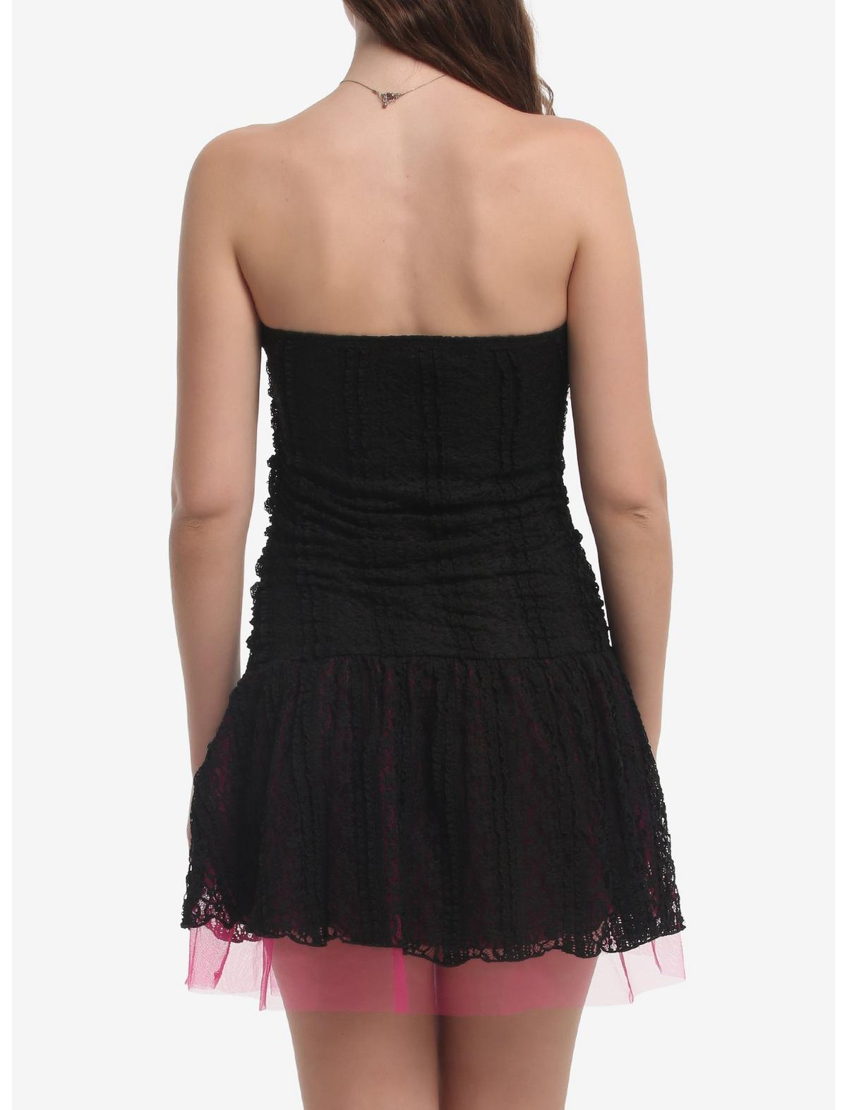 Black & Pink Lace Tulle Strapless Dress - US 9682