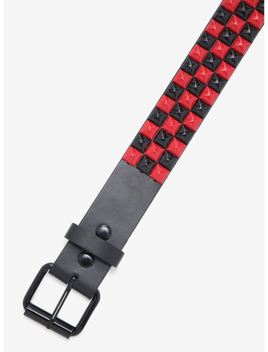 Black & Red Three Row Pyramid Stud Belt - US 7821