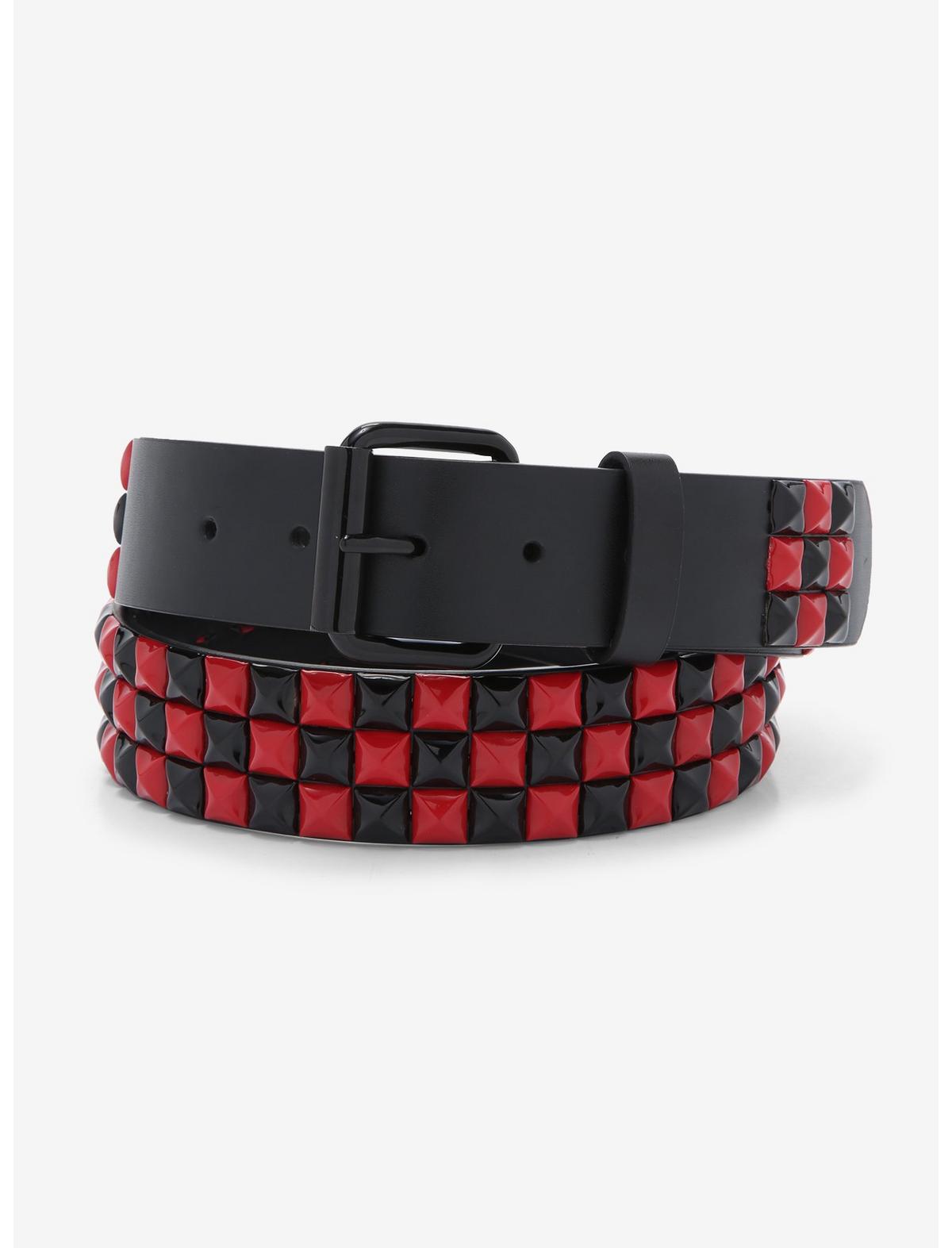 Black & Red Three Row Pyramid Stud Belt - US 7821