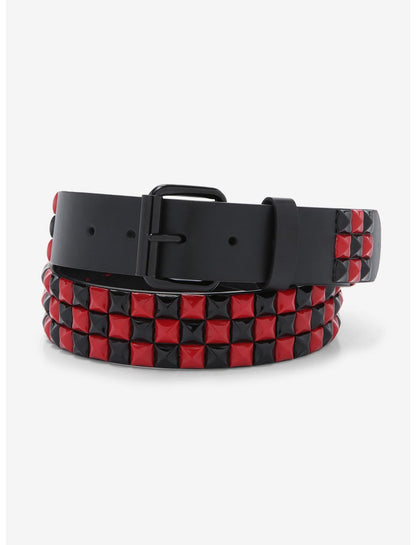 Black & Red Three Row Pyramid Stud Belt - US 7821