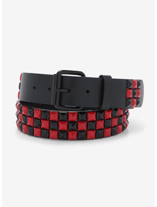 Black & Red Three Row Pyramid Stud Belt - US 7821