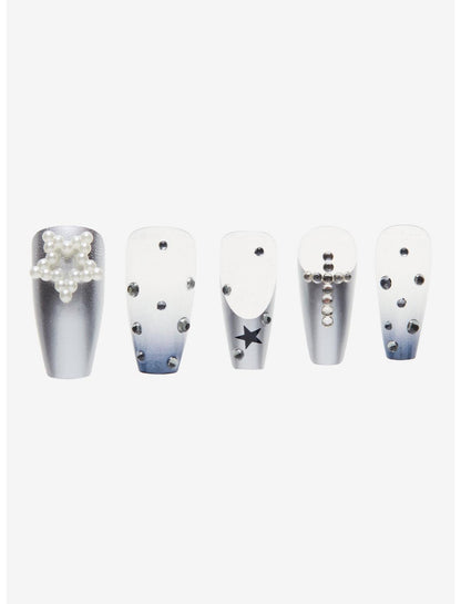 Blackheart Silver Star Gem Faux Nail Set - US 6309