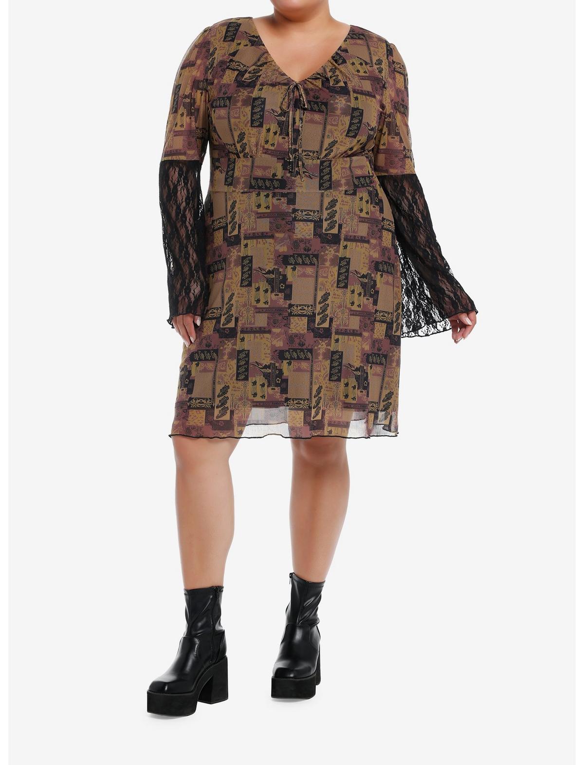 Brown Paisley Patchwork Bell Sleeve Dress Plus Size - US 5696
