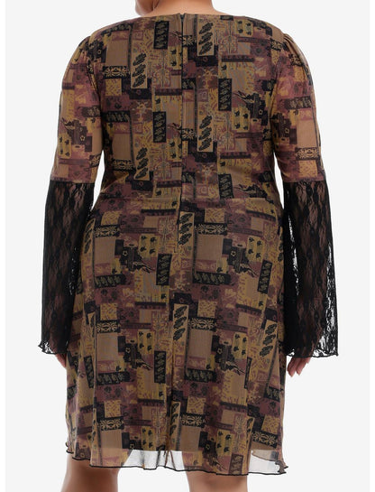 Brown Paisley Patchwork Bell Sleeve Dress Plus Size - US 5696