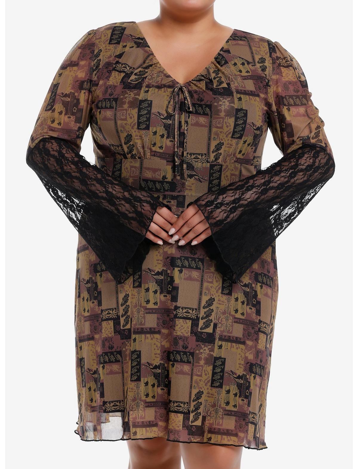 Brown Paisley Patchwork Bell Sleeve Dress Plus Size - US 5696