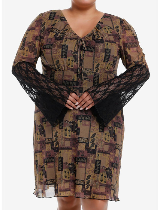 Brown Paisley Patchwork Bell Sleeve Dress Plus Size - US 5696