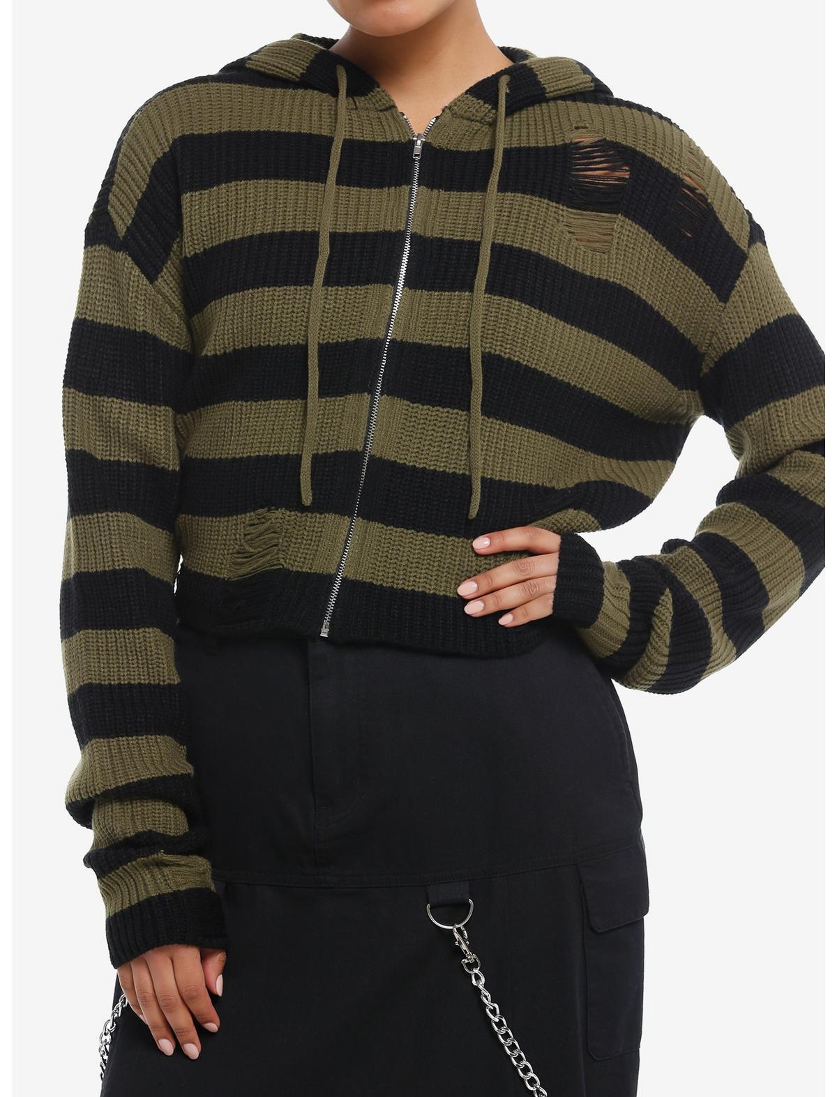 Black & Green Distressed Boxy Girls Crop Knit Hoodie - US 2758