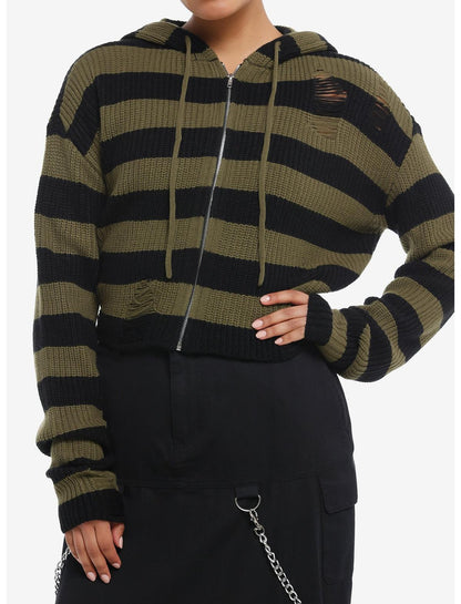 Black & Green Distressed Boxy Girls Crop Knit Hoodie - US 2758