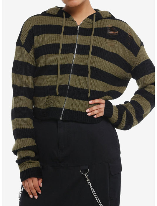 Black & Green Distressed Boxy Girls Crop Knit Hoodie - US 2758