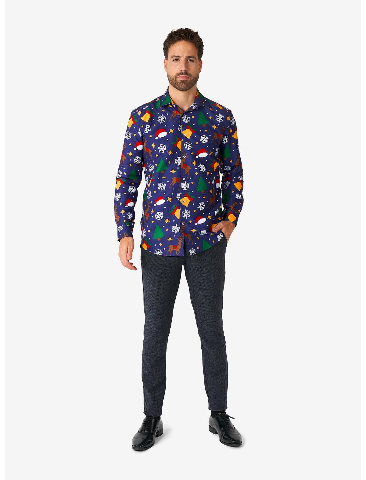 Christmas Icons Blue Long Sleeve Button-Up Shirt - US 3600