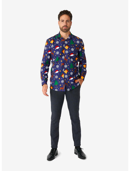 Christmas Icons Blue Long Sleeve Button-Up Shirt - US 3600