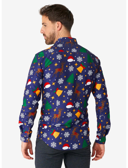 Christmas Icons Blue Long Sleeve Button-Up Shirt - US 3600