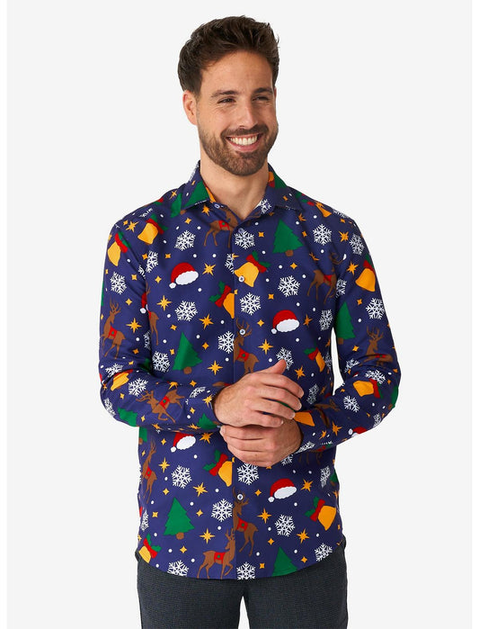 Christmas Icons Blue Long Sleeve Button-Up Shirt - US 3600