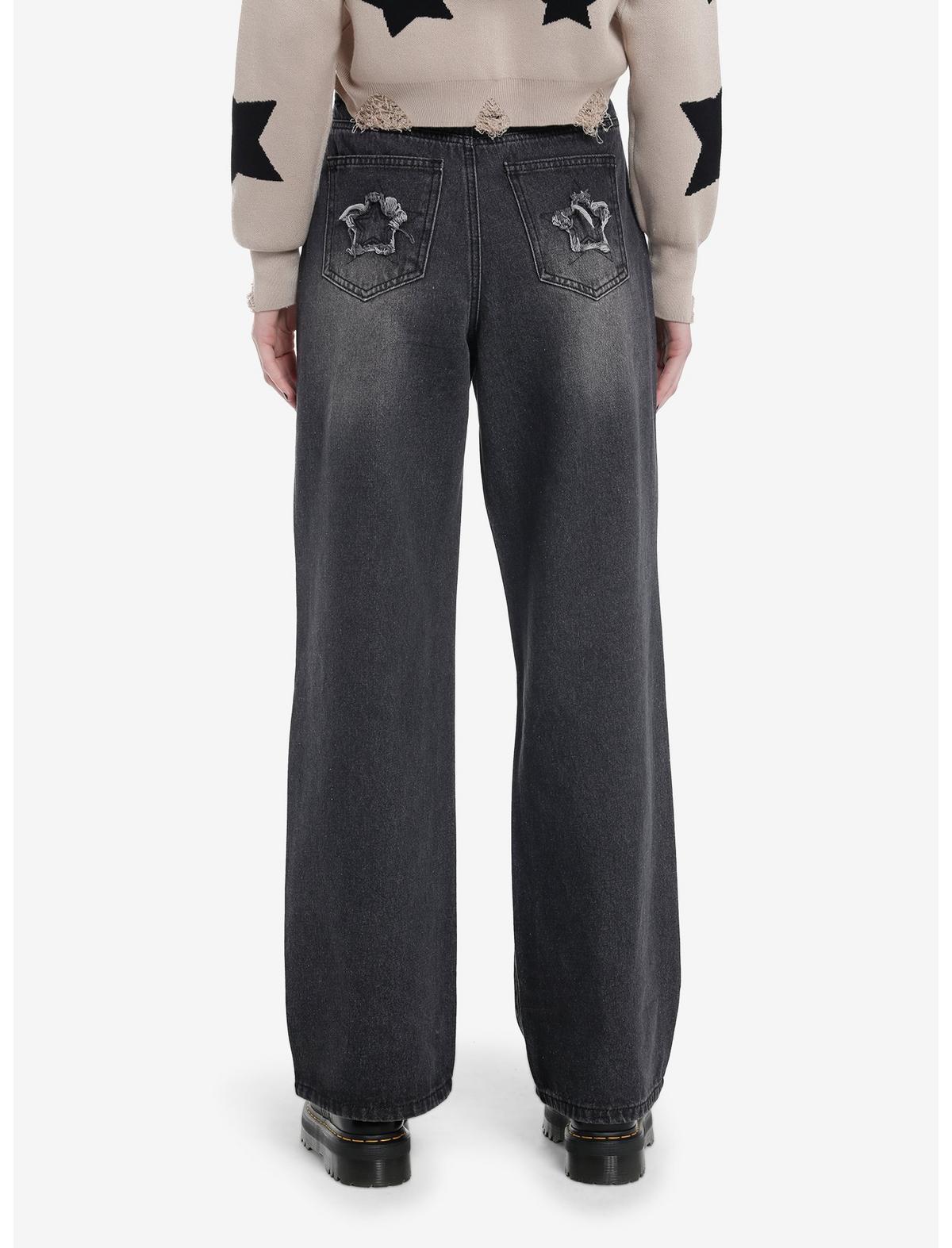 Black Frayed Star Patch Wide Leg Denim Pants - US 9234