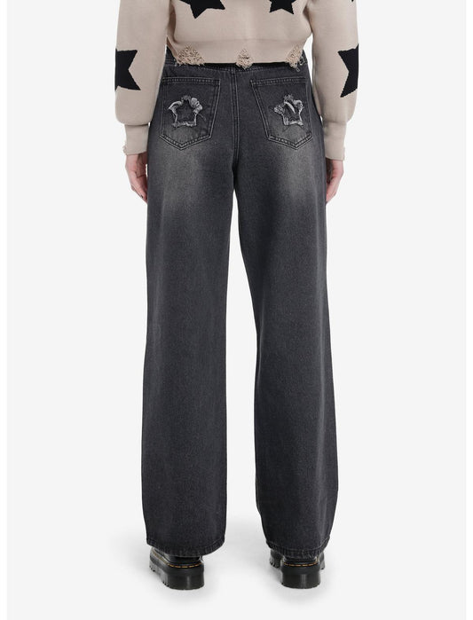 Black Frayed Star Patch Wide Leg Denim Pants - US 9234