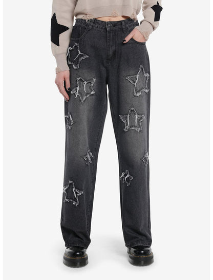 Black Frayed Star Patch Wide Leg Denim Pants - US 9234
