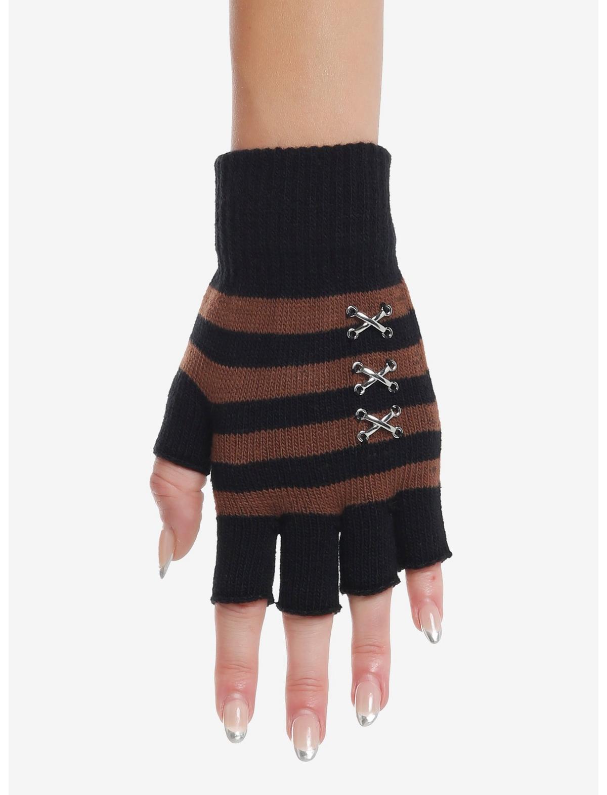 Brown & Black Stripe Stitched Fingerless Gloves - US 1106