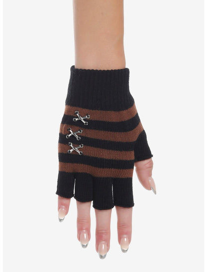 Brown & Black Stripe Stitched Fingerless Gloves - US 1106
