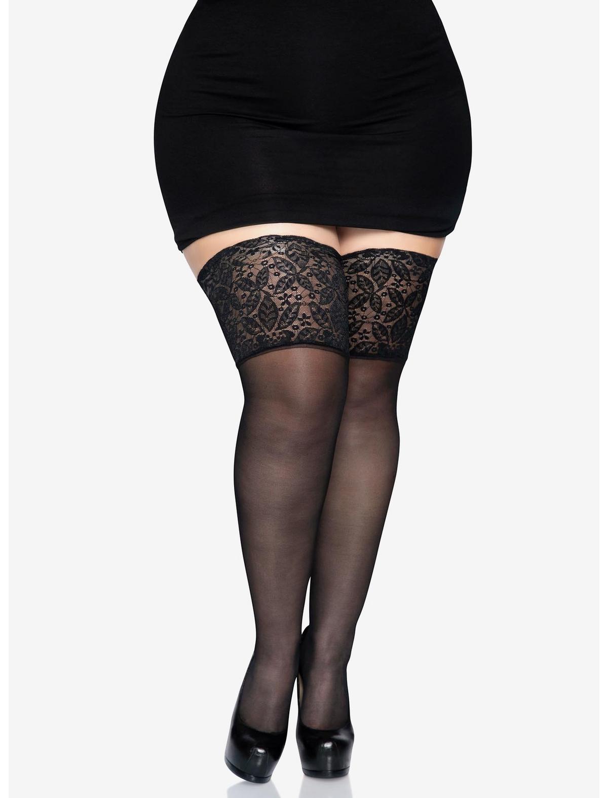 Lace Lycra Sheer Stay Up Thigh Highs Plus Size Black - US 5834