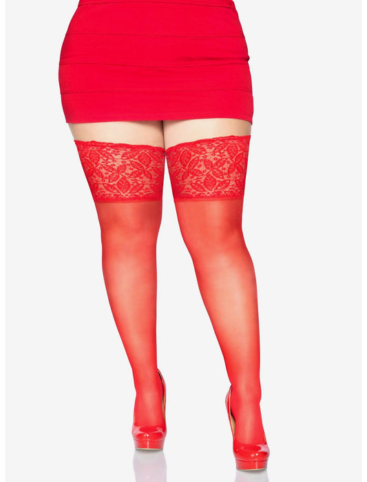 Lace Lycra Sheer Stay Up Thigh Highs Plus Size Red - US 1170