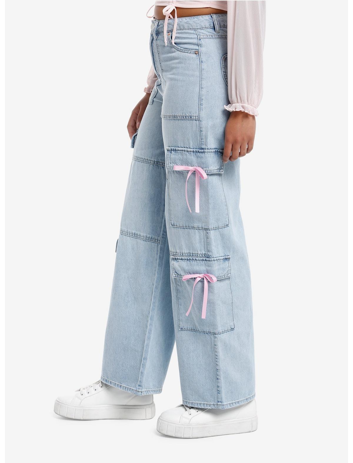 Light Indigo Pink Bow Cargo Denim Pants - US 2365