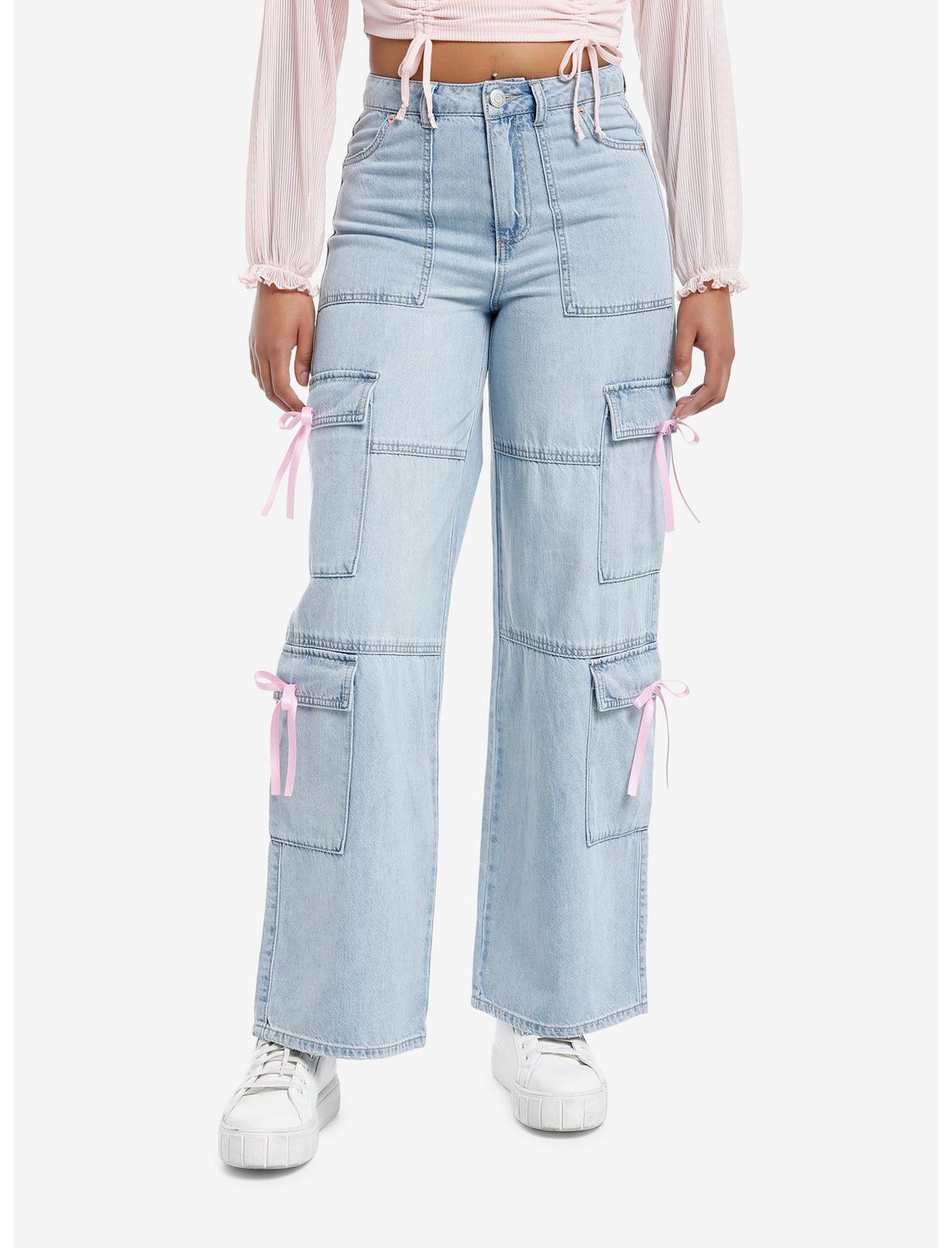 Light Indigo Pink Bow Cargo Denim Pants - US 2365