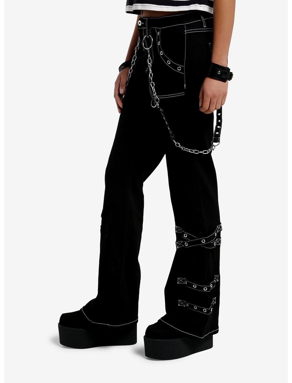 Black & White Contrast Stitch Grommet Chain Suspender Flare Pants - US 7619