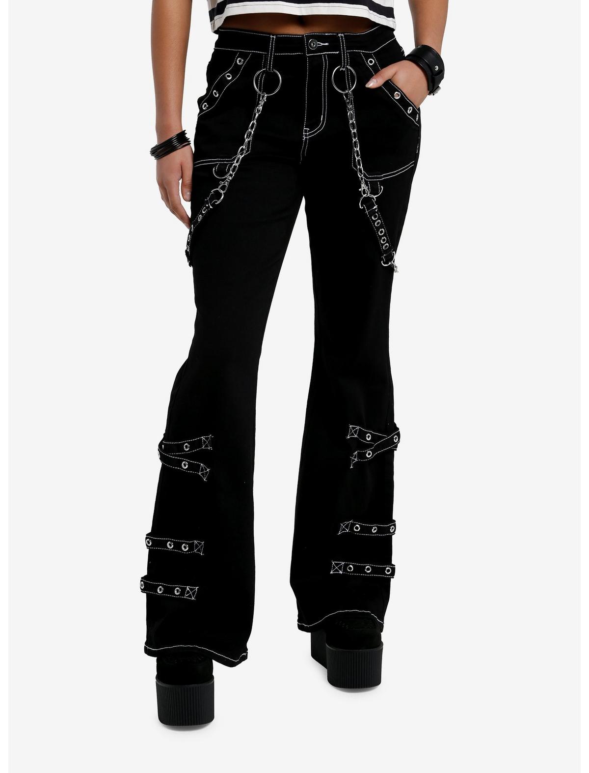 Black & White Contrast Stitch Grommet Chain Suspender Flare Pants - US 7619