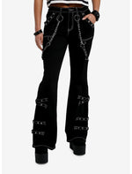 Black & White Contrast Stitch Grommet Chain Suspender Flare Pants - US 7619