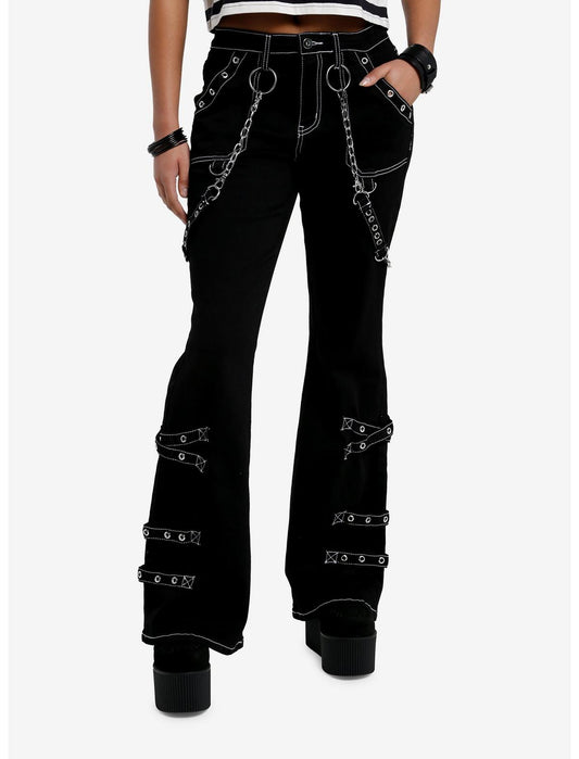 Black & White Contrast Stitch Grommet Chain Suspender Flare Pants - US 7619