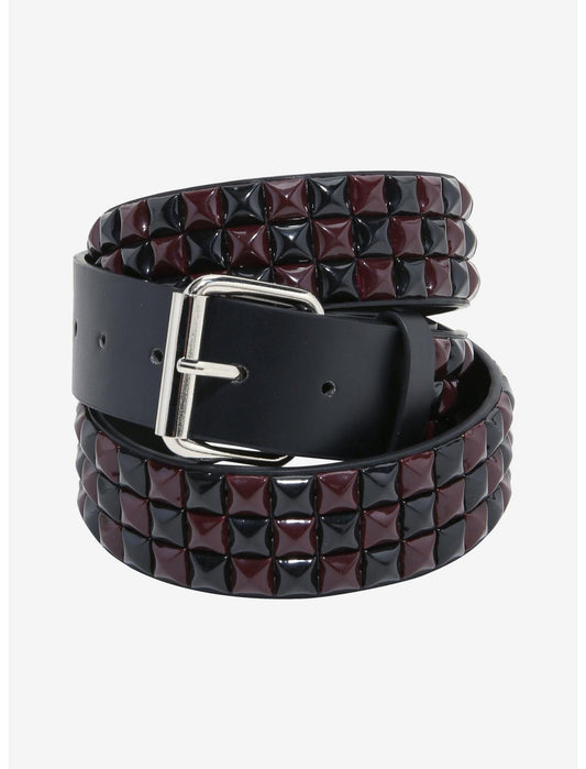 Black & Burgundy Three Row Pyramid Stud Belt - US 9325