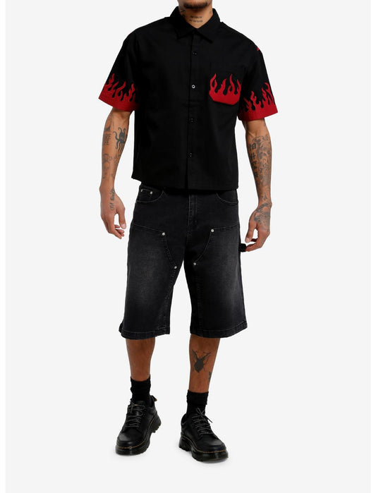 Black & Red Flames Embroidered Woven Button-Up - US 4993