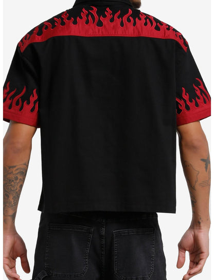 Black & Red Flames Embroidered Woven Button-Up - US 4993