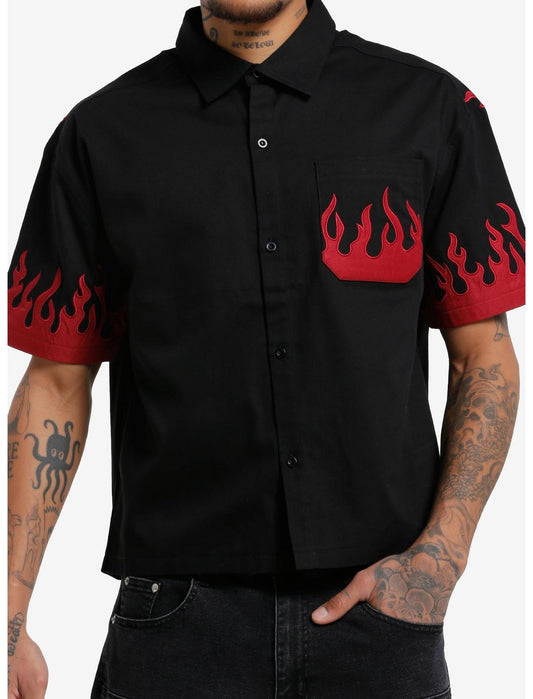 Black & Red Flames Embroidered Woven Button-Up - US 4993