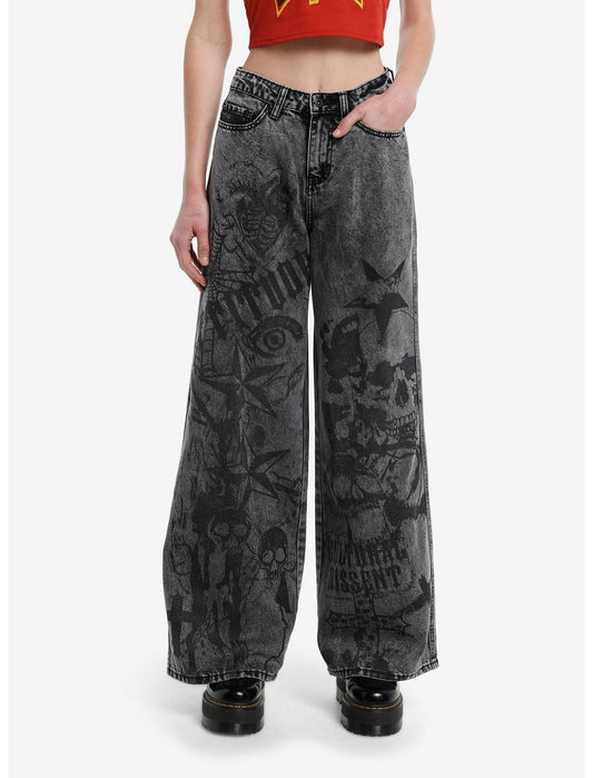 Grey Acid Wash Skulls & Stars Wide Leg Jeans - US 6729