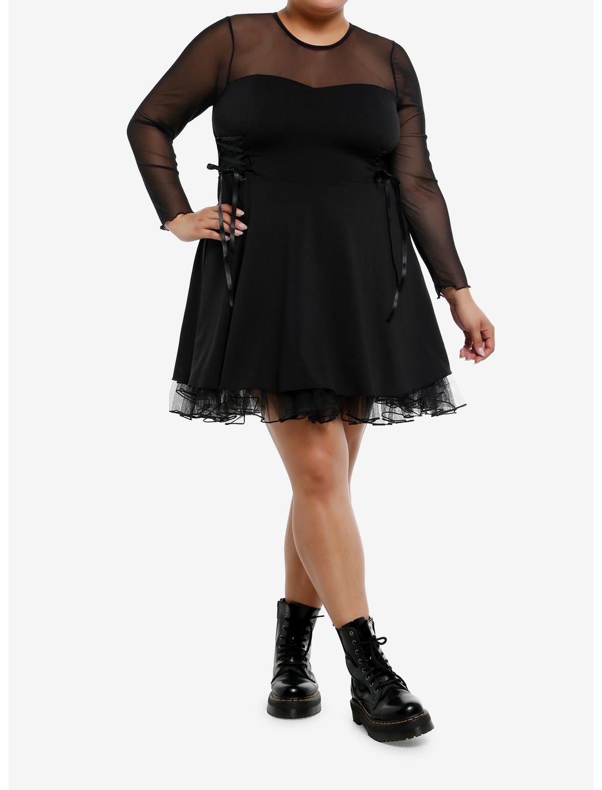 Cosmic Aura Black Lace-Up Mesh Long-Sleeve Dress Plus Size - US 2735
