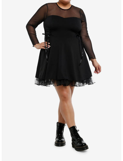 Cosmic Aura Black Lace-Up Mesh Long-Sleeve Dress Plus Size - US 2735