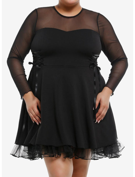 Cosmic Aura Black Lace-Up Mesh Long-Sleeve Dress Plus Size - US 2735
