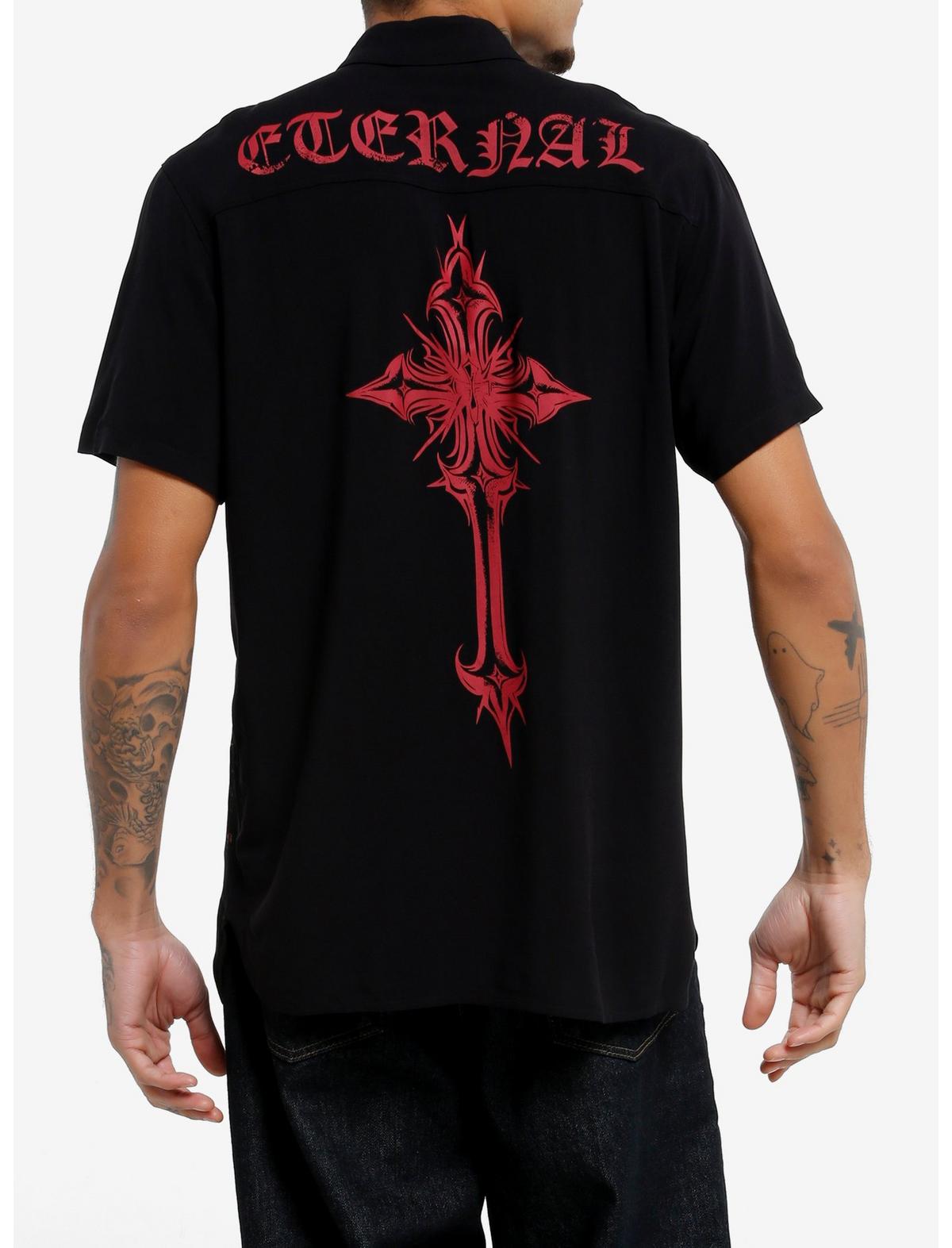Black Cross & Red Text Split Woven Button-Up - US 7382