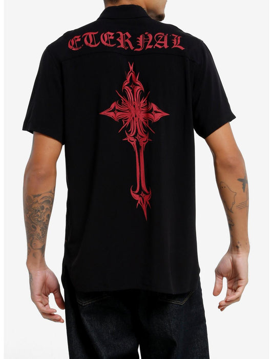 Black Cross & Red Text Split Woven Button-Up - US 7382
