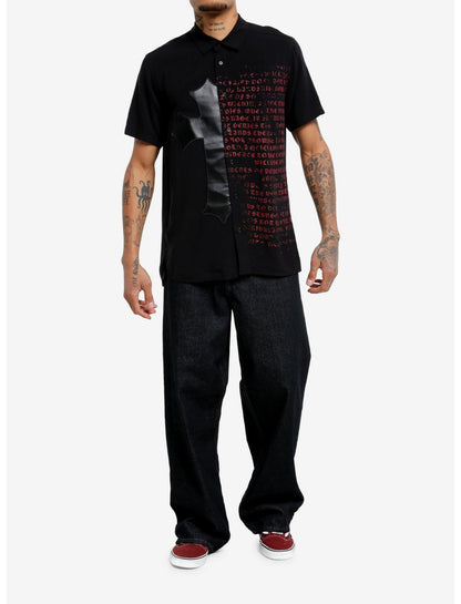 Black Cross & Red Text Split Woven Button-Up - US 7382