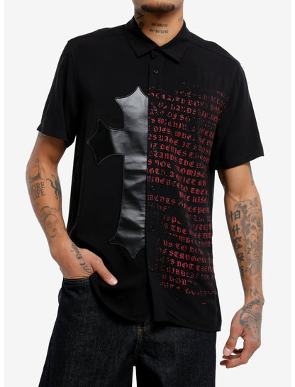 Black Cross & Red Text Split Woven Button-Up - US 7382