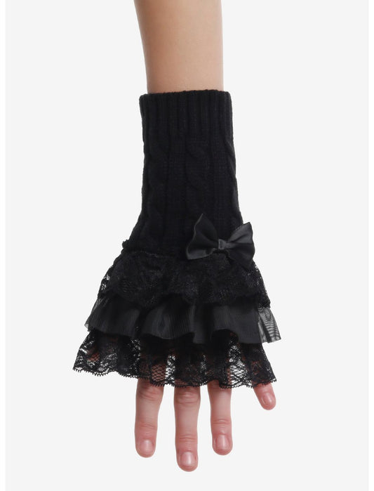 Black Lace Lolita Bow Short Arm Warmers - US 7542