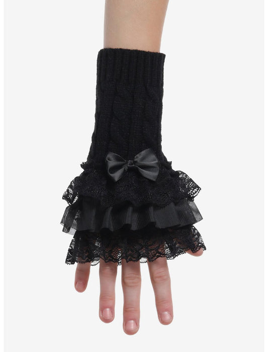 Black Lace Lolita Bow Short Arm Warmers - US 7542