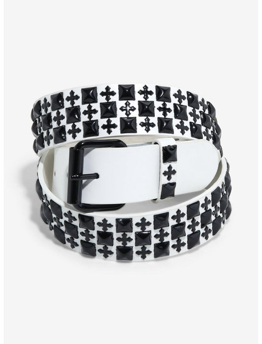 Black & White Cross Three Row Pyramid Stud Belt - US 4129