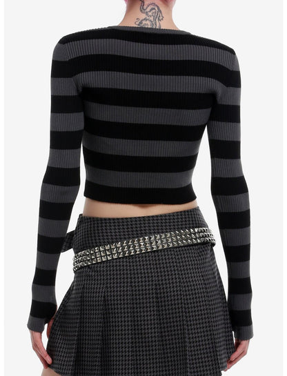Black & Dark Grey Cutout Girls Crop Long-Sleeve Top - US 3955